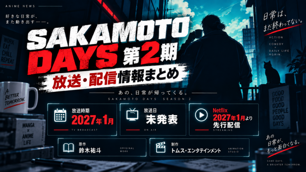 SAKAMOTO DAYS第2期の放送・配信情報をまとめた画像。2027年1月放送予定、放送日未発表、Netflixで2027年1月より先行配信予定、原作は鈴木祐斗、制作はトムス・エンタテインメントと記載。
